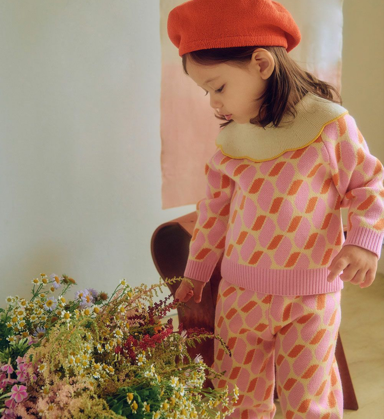 モイモルン 新作！幾何学柄長袖ピンクニットトップス＆パンツ–ショップ